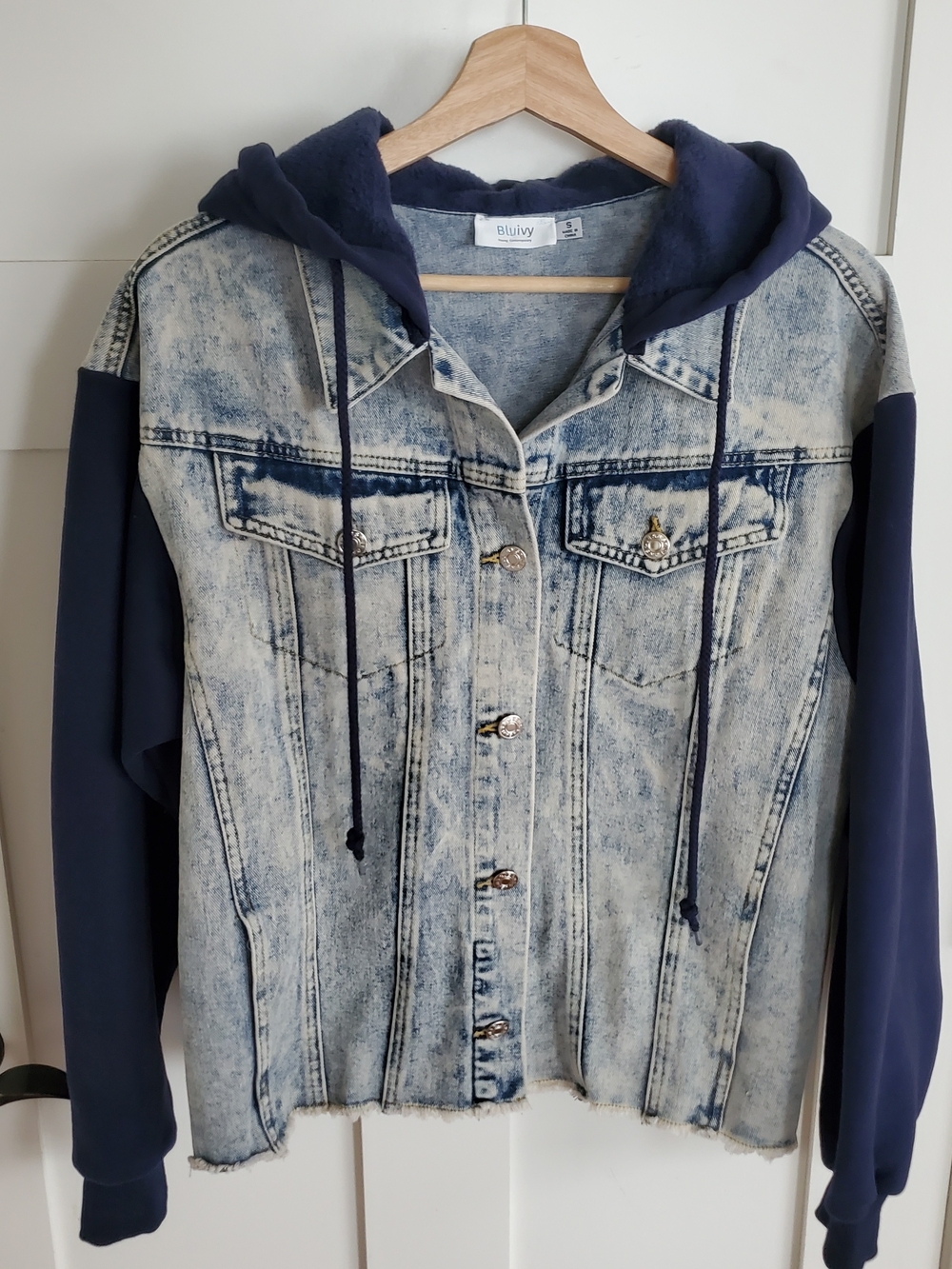 Bluivy Oversized Light Wash Denim Jacket Hoodie Fleece Hood & Sleeves Womens‎ S
